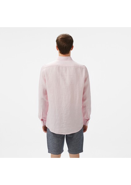 Erkek Pembe Classic Fit Çizgili Keten Gömlek fiyatları