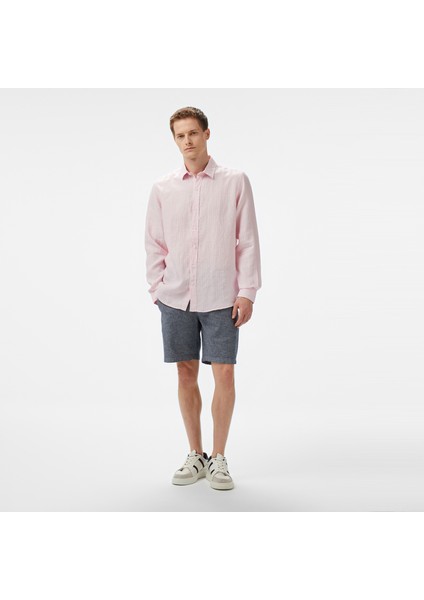 Erkek Pembe Classic Fit Çizgili Keten Gömlek modelleri