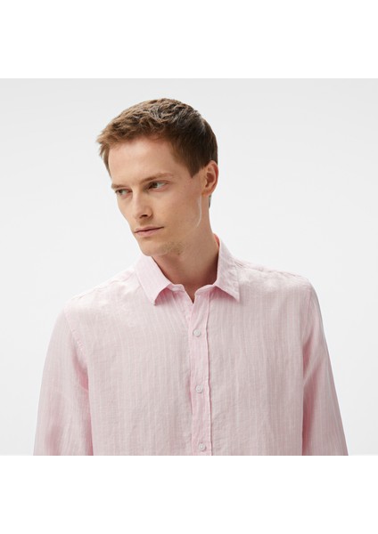 Erkek Pembe Classic Fit Çizgili Keten Gömlek fırsatları
