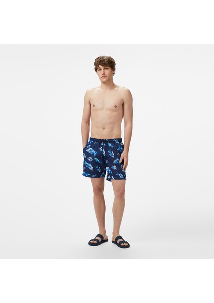 Erkek Lacivert Regular Fit Desenli Deniz Şortu