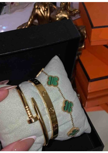 Gold Yeşil 3lü Bileklik,kelepçe Seti Çelik Set