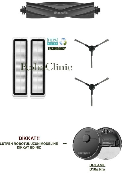 Dreame Bot D10S Pro Siyah Robot Süpürge Uyumlu Yedek Ana Fırça, Yan Fırça, Hepa Filtre - 5 Parça