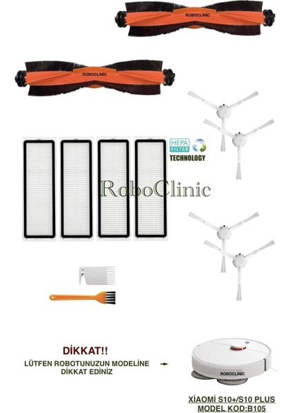 Xiaomi Robot Vacuum S10+ / S10 Plus Robot Süpürge Uyumlu Yedek Ana Fırça, Yan Fırça, Hepa Filtre - 12 Parça