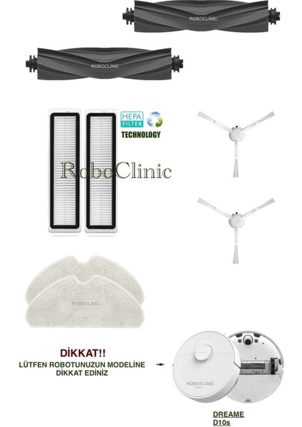 Dreame Bot D10S Robot Süpürge Yedek Ana Fırça, Yan Fırça, Hepa Filtre, Mop - 8 Parça