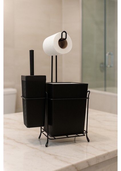 Siyah Demir Standlı Tuvalet Seti – Çöp Kovası, Tuvalet Fırçası ve Kağıt Havluluk