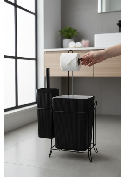 Siyah Demir Standlı Tuvalet Seti – Çöp Kovası, Tuvalet Fırçası ve Kağıt Havluluk fiyatları