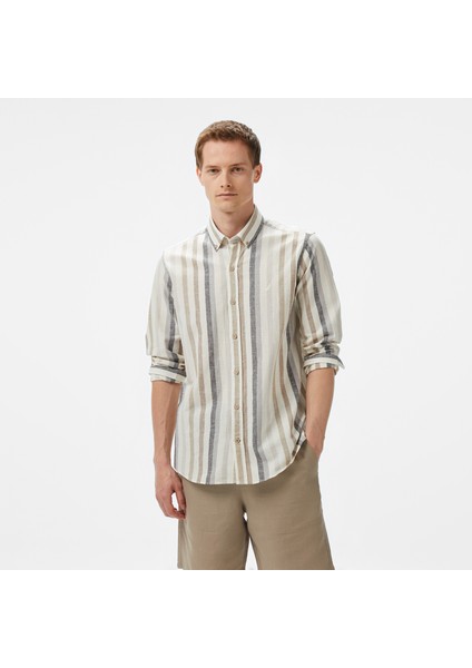 Erkek Kahverengi Classic Fit Çizgili Gömlek