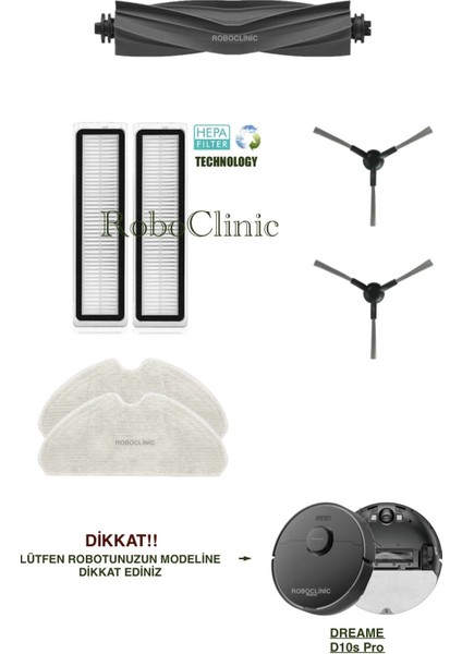 Dreame Bot D10S Pro Siyah Robot Süpürge ile Uyumlu Yedek Fırça, Hepa Filtre, Mop - 7 Parça