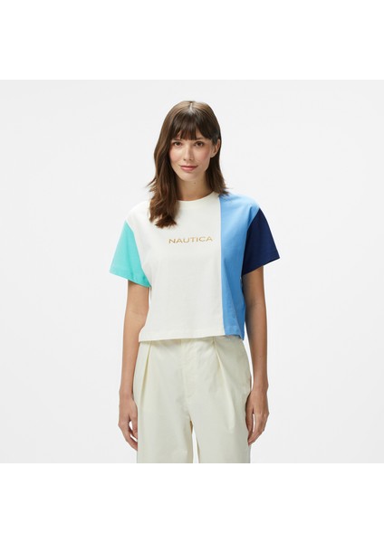 Kadın Mavi Regular Fit Renk Bloklu T-Shirt