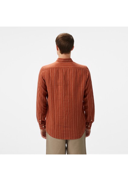 Erkek Kırmızı Classic Fit Çizgili Keten Gömlek fiyatları