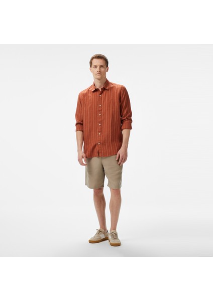 Erkek Kırmızı Classic Fit Çizgili Keten Gömlek modelleri