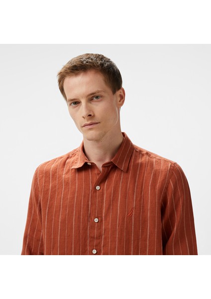 Erkek Kırmızı Classic Fit Çizgili Keten Gömlek fırsatları