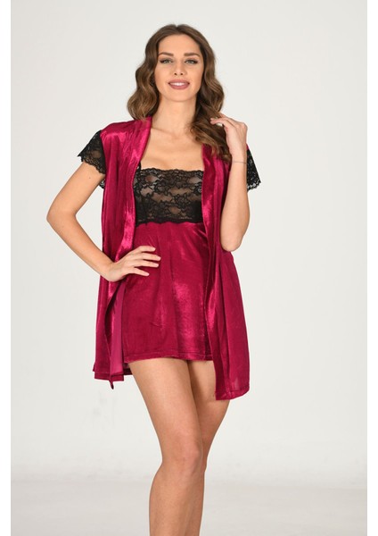 Zengezur Fuşya Kadife Sabahlık & Gecelik Takım 2' Li - 1427 - Beden L