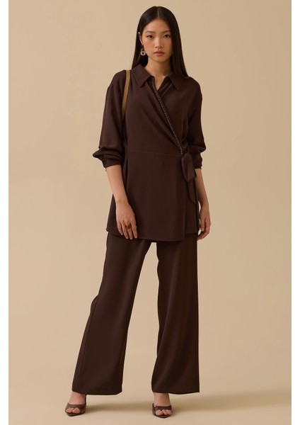 Kadın Boncuk Detaylı Bağlamalı Kruvaze Tunik 0007 Kahverengi fiyatları