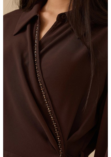 Kadın Boncuk Detaylı Bağlamalı Kruvaze Tunik 0007 Kahverengi modelleri