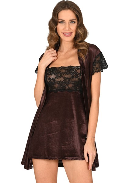 Zengezur Kahverengi Kadife Sabahlık & Gecelik Takım 2' Li - 1429 - Beden Xl