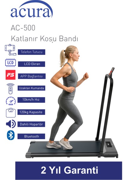 AC-500 Bluetoothlu, Hoparlörlü, Uzaktan Kumandalı Katlanır Koşu Bandı