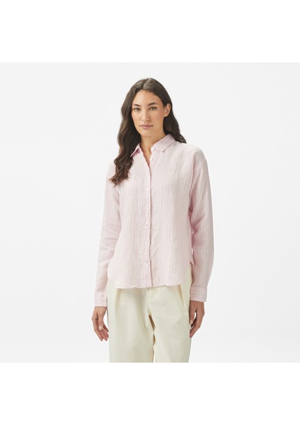 Kadın Pembe Regular Fit Keten Çizgili Gömlek