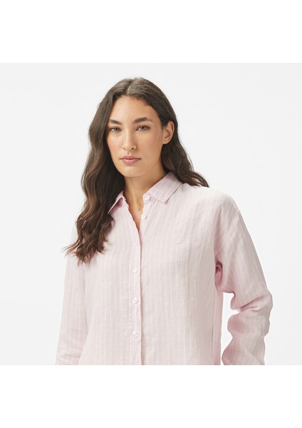 Kadın Pembe Regular Fit Keten Çizgili Gömlek fırsatları