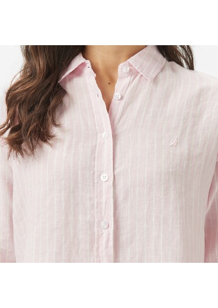 Kadın Pembe Regular Fit Keten Çizgili Gömlek indirimleri