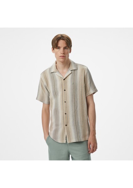 Erkek Bej Classic Fit Çizgili Gömlek