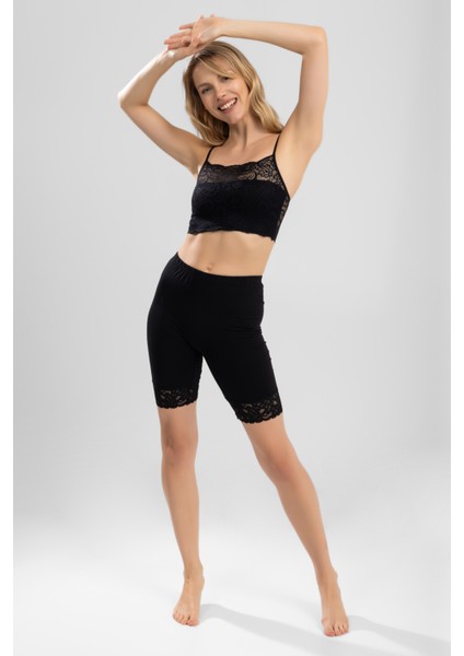 Kadın Dantel Paçalı Tayt 8030-1 Siyah