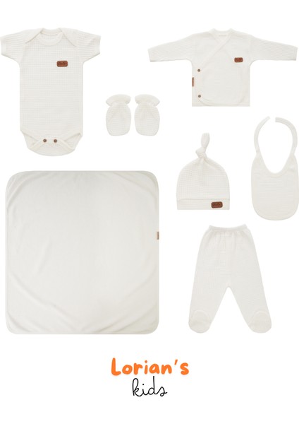 Yeni Doğan Petek Dokulu 7'li Battaniyeli Zıbın Takımı %100 Pamuklu Hastane Çıkışı- Beyaz