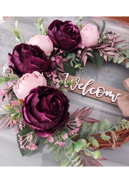 Pembe Mor Şakayıklı Kapı Süsü 35 Cm, Çelenk, Dekor, Hediye, Ev Dekorasyon, Yapay Çiçek, Dış Kapı Dekor, fiyatları
