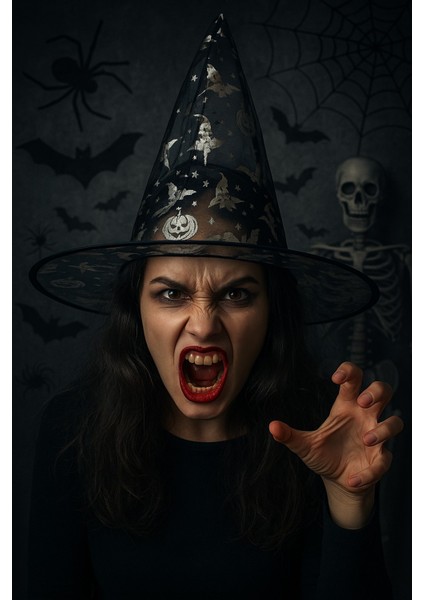 Cadılar Bayramı Şeffaf Tül Cadı Şapkası Gümüş Renkli Balkabağı Desenli Halloween Kostüm Aksesuarı