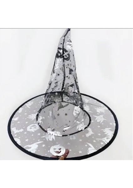 Cadılar Bayramı Şeffaf Tül Cadı Şapkası Gümüş Renkli Balkabağı Desenli Halloween Kostüm Aksesuarı fiyatları