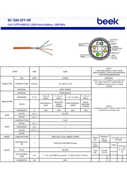 Cat7 - 30 Metre Saf Bakır S/ftp Iç Mekan Data KABLOSUAWG23 Lsoh 1200 Mhz Turuncu modelleri