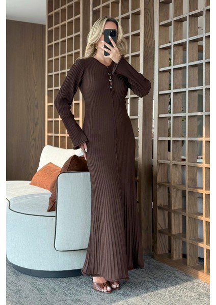 Kahverengi Düğme Detaylı Uzun Elbise - 1725 modelleri