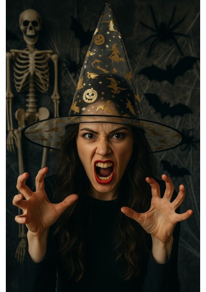 Cadılar Bayramı Şeffaf Tül Cadı Şapkası Altın Renkli Balkabağı Desenli Halloween Kostüm Aksesuarı