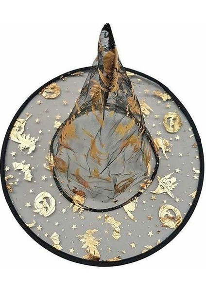 Cadılar Bayramı Şeffaf Tül Cadı Şapkası Altın Renkli Balkabağı Desenli Halloween Kostüm Aksesuarı fiyatları