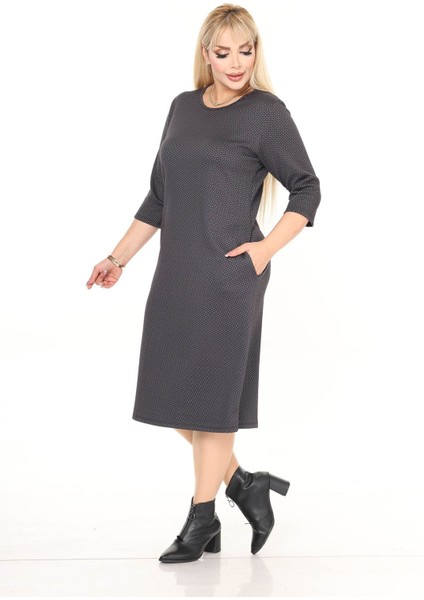 Çift Cepli Desenli Esnek Kışlık Büyük Beden Midi Elbise 29D-2715 modelleri