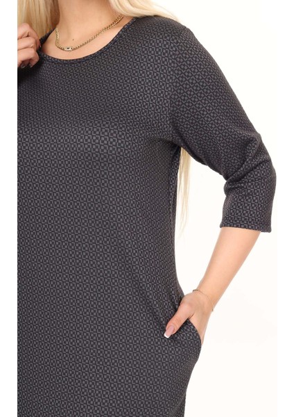 Çift Cepli Desenli Esnek Kışlık Büyük Beden Midi Elbise 29D-2715 fırsatları