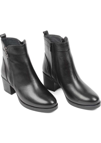 Kadın Siyah Çift Fermuarlı Deri Bot