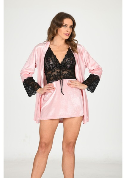 Zengezur Pudra Kadife Sabahlık & Gecelik Takım 2' Li - 1446 - Beden Xl