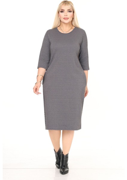 Çift Cepli Desenli Esnek Kışlık Büyük Beden Midi Elbise 22D-2714