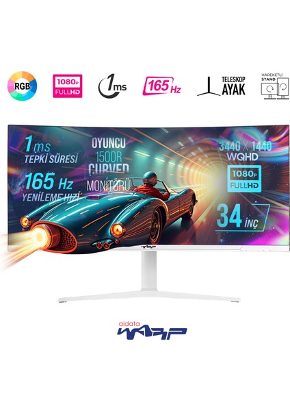 WRP34-165-W 34" 165HZ 1ms Rgb Curved (Hdmı + Display Port) Freesync + G-Sync (3440*1440) Wqhd Oyuncu Monitörü - Beyaz