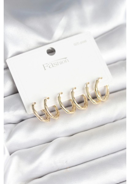 Pirinç Gold Renk Kemik Halka Model 925 Ayar Gümüş Çivili Kadın Küpe Seti