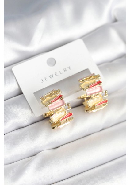 Mineli Karışık Renkli Gold Pirinç Kadın Küpe