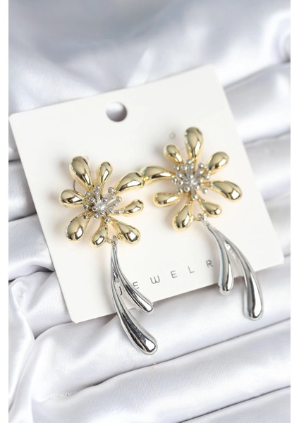 Çiçek Model Gold Gümüş Renk Kadın Küpe