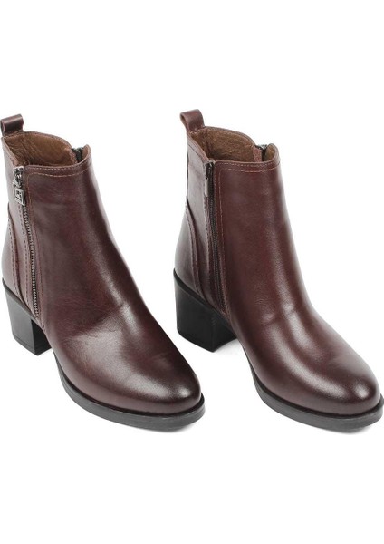 Kadın Kahverengi Çift Fermuarlı Deri Bot