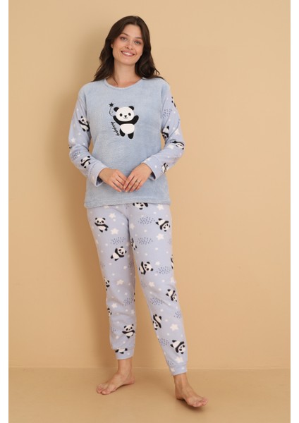 Fawn 1204 Peluş Welsoft Polar Kışlık Yumoş Panda Kadın Pijama Takımı