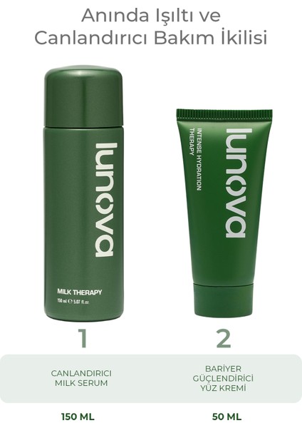 Lunova Anında Işıltı ve Canlandırıcı Bakım Ikilisi | 150 ml Milk Therapy Nemlendirici Serum ve Bariyer Güçlendirici Yüz Kremi Seti