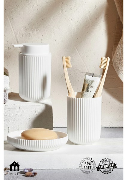 Banyo Seti Pompalı Sıvı Sabunluk, Diş Fırçalık ve Katı Sabunluk 3 Parça Bpa Free