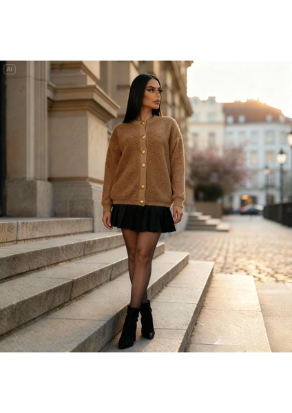 Kadın Teddy Bisiklet Yaka Yumuşak Doku Gold Düğmeli Havlu Örgü Hırka