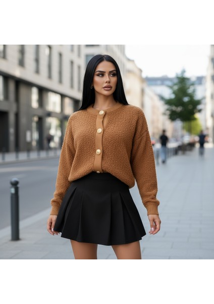 Kadın Teddy Bisiklet Yaka Yumuşak Doku Gold Düğmeli Havlu Örgü Hırka fırsatları