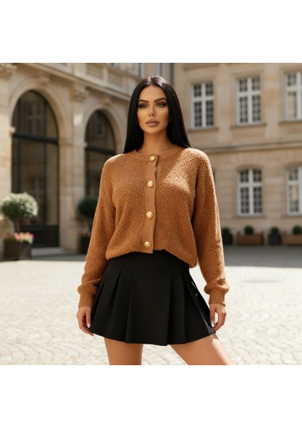 Kadın Teddy Bisiklet Yaka Yumuşak Doku Gold Düğmeli Havlu Örgü Hırka